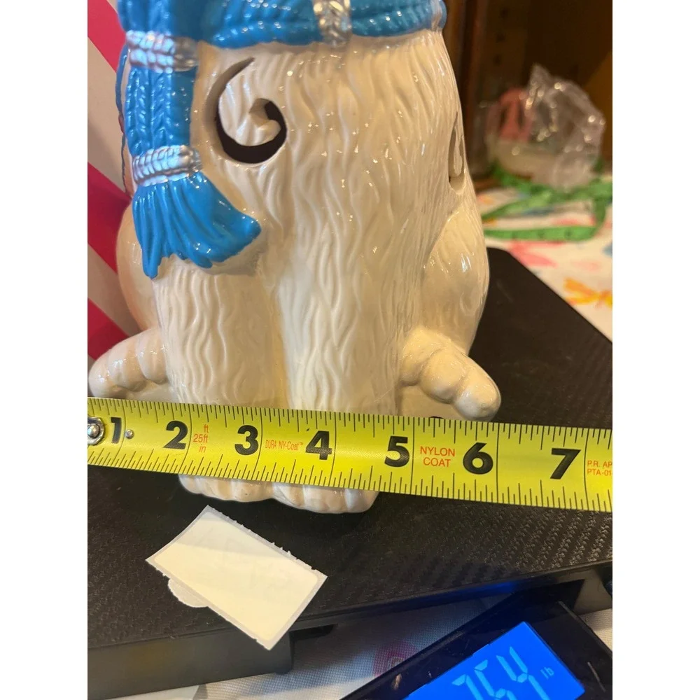 Pink Zebra Retired Polar Bear Ceramic Candle Luminary White Blue Scarf